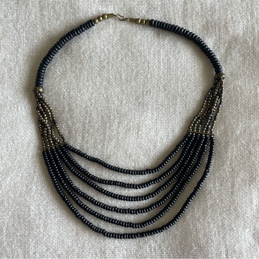 Vintage Beaded Necklace, Black Beaded Necklace, Gold beads, Brass beads - Picture 5 of 6